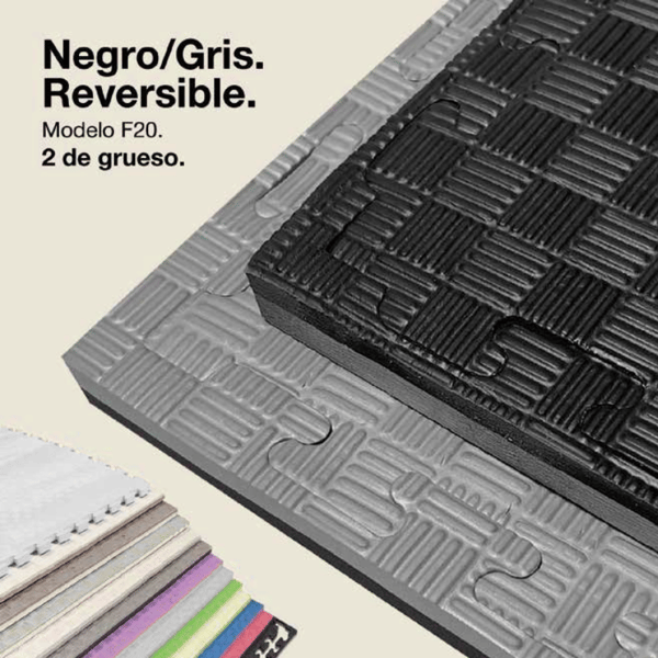 Tatami Puzzle reversível Kinefis modelo F20 (grossura 20 mm e textura cinco linhas) - Cores: negra-cinza e preto-vermelho